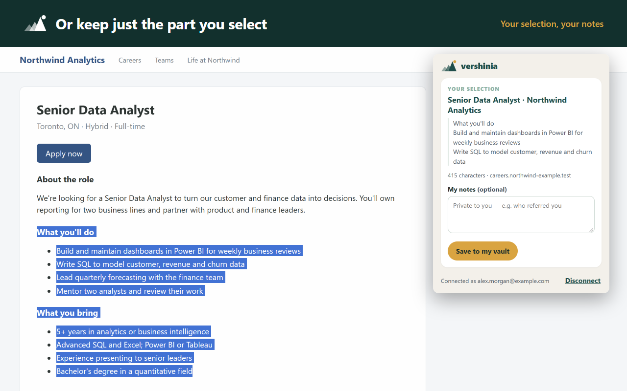 Selected text on a job posting, and the Vershinia popup showing that selection with a notes field and a Save to my vault button